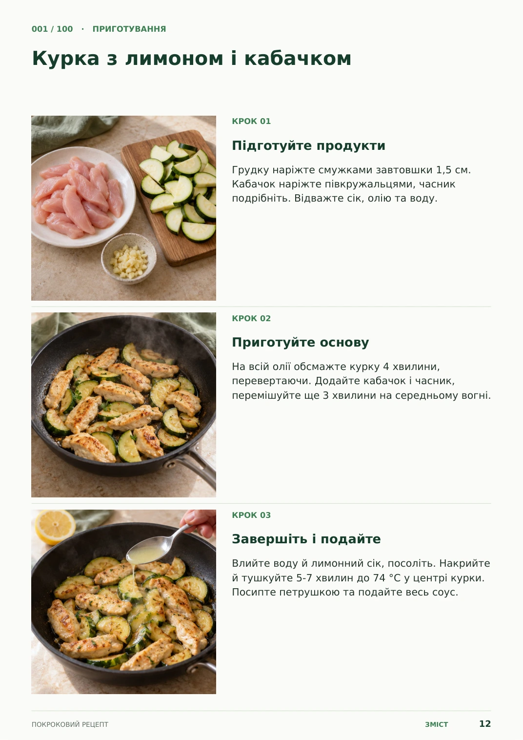 Сторінка 12: три кроки приготування курки з лимоном і кабачком
